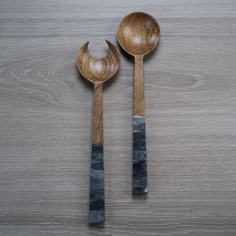 Mango Wood Salad Server w/Inlaid Bone Handle-Gray